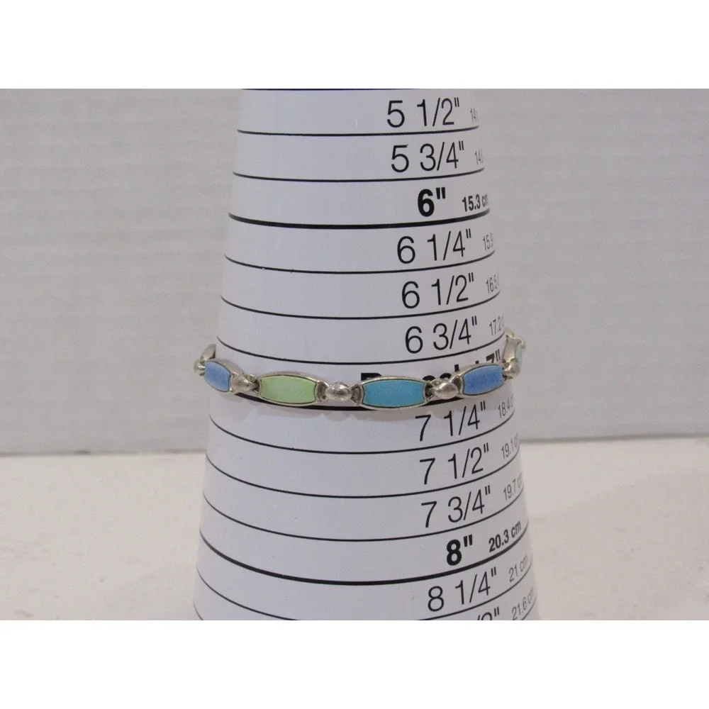 Silver Tone Enameled Link Bracelet Blue Green Preppy Coastal Cowgirl Fairy Boho‎